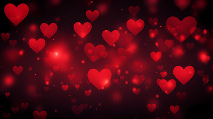 Abstract Valentine's Day background with red hearts and blurred bokeh lights