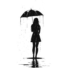 Silhouette girl with umbrella during drizzle black color only