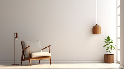 Minimal living room interior with wooden chair and lamp. Empty wall mockup concept with soft light.