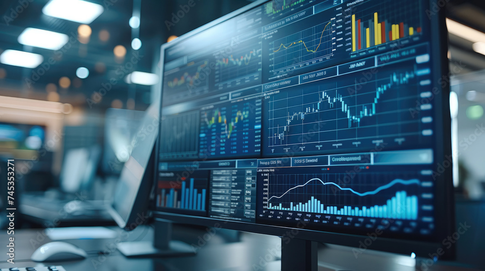 Poster a corporate office with a close-up focus on a monitor displaying real-time financial analytics and d