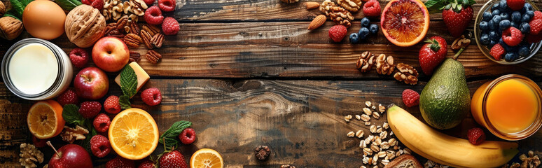 Healthy breakfast ingredients on wooden rustic background, egg, nuts, fruits, berries, toast, milk, yogurt, orange juice, cheese, top view. Generative AI. - Powered by Adobe