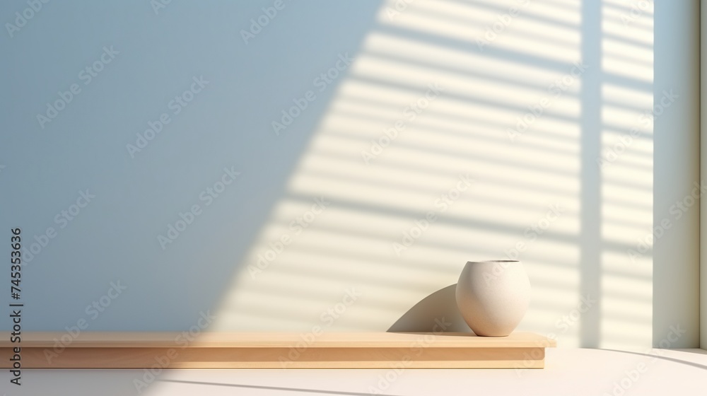 Poster minimalist table and wall with natural shadow from window for product display and presentation conce