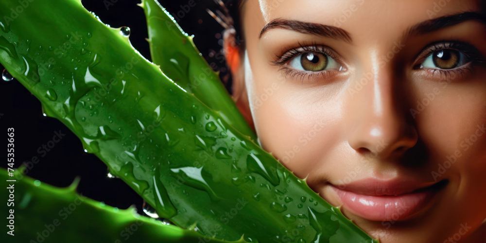 Wall mural Close-up of woman face with aloe vera plant leaves, organic cosmetics and skincare concept.