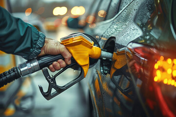Pumping gas at gas pump. Closeup of man pumping gasoline fuel in car at gas station. - obrazy, fototapety, plakaty