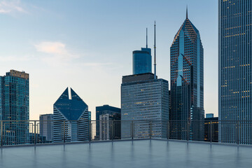 Skyscrapers Cityscape Downtown, Chicago Skyline Buildings. Beautiful Real Estate. Sunset. Empty...