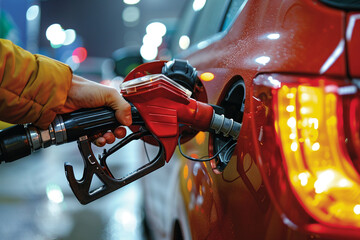 Pumping gas at gas pump. Closeup of man pumping gasoline fuel in car at gas station. - obrazy, fototapety, plakaty
