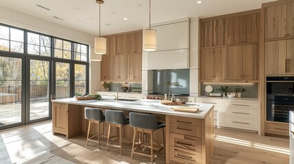 Modern kitchen, white oak bottom cabinets and oak island. Generative AI.