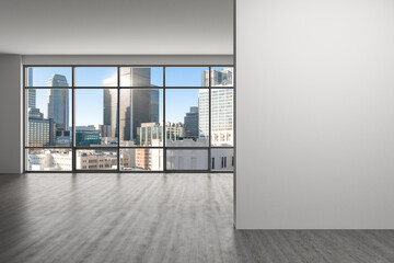 Obraz premium Downtown Los Angeles City Skyline Buildings from High Rise Window. Beautiful Expensive Real Estate overlooking. Empty room Interior. Mockup wall. Skyscrapers Cityscape. Day. California. 3d rendering.