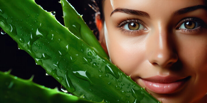 Close-up of woman face with aloe vera plant leaves, organic cosmetics and skincare concept.