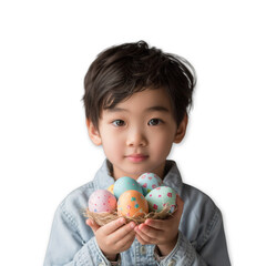 Fototapeta na wymiar Cute asian boy holding easter eggs. Transparent background