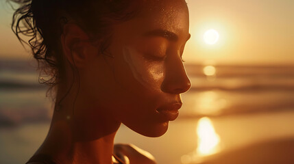 Mulher praticando yoga na praia ao pôr do sol com luz suave e o sol dourado ao fundo - obrazy, fototapety, plakaty
