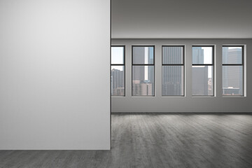 Downtown Los Angeles City Skyline Buildings from High Rise Window. Beautiful Expensive Real Estate overlooking. Empty room Interior. Mockup wall. Skyscrapers Cityscape. Day. California. 3d rendering. - obrazy, fototapety, plakaty