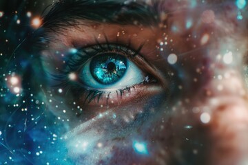 A close-up of a person's eyes merged with the texture of swirling galaxy stars in a double exposure
