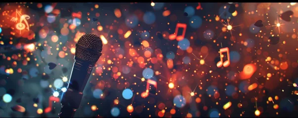 Foto op Canvas Glowing music sheets notes on beautiful lights bokeh background with microphone © Artlana
