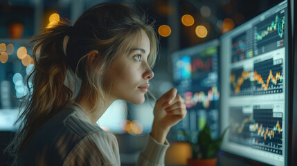 Woman monitoring their progress in a task at a monitor with a stock market graph monitoring market prices. Generative AI.