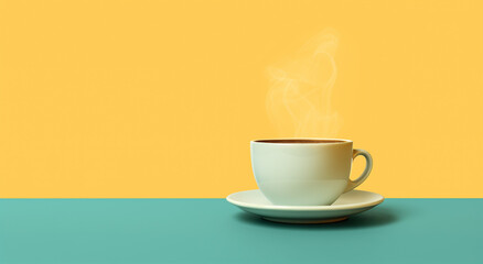 Classic White Coffee Cup with Steaming Hot Coffe on Teal Table and Yellow Background
