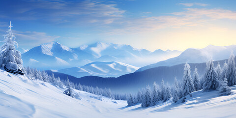 vast desolated snow land, big mountains in background, snowfall with light blue sky and light blue colors, peaceful atmosphere, Beautiful Winter Scene With Snowy Fir Trees Mountains, Generative AI 