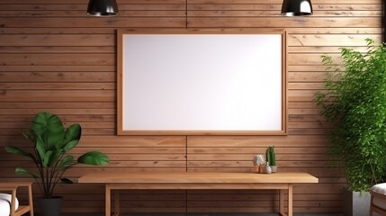 Natural wooden interior with table and blank picture frame hanging on a wooden wall. Classic house living room interior design concept.