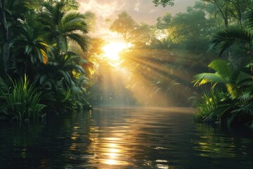 Tranquil river through dense tropical jungle at sunset