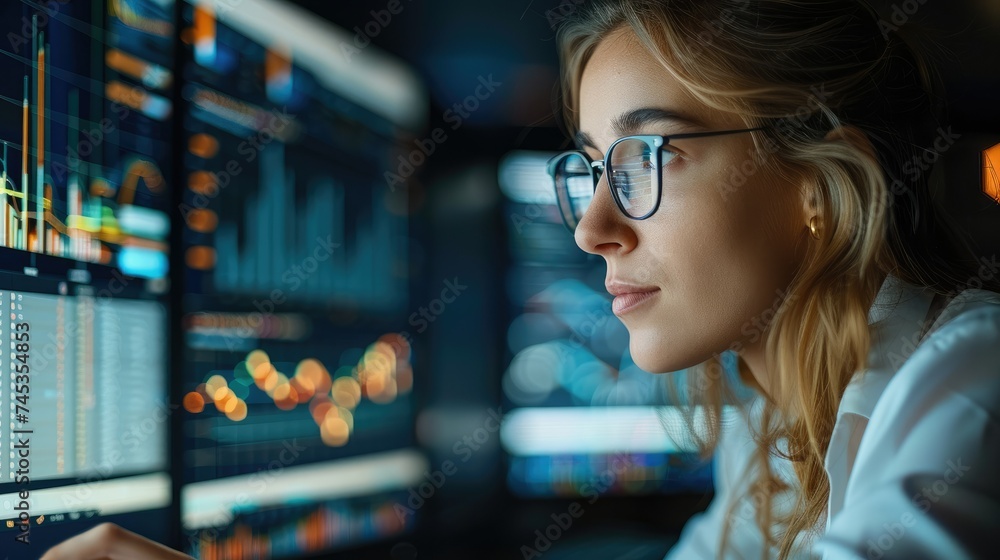 Poster Woman sits and analyzes financial data displayed on a computer screen. Generative AI.