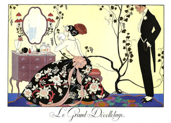 A woman is sitting in her boudoir doing her make-up dressed in a ball gown with a sexy back and flower print. A man in white tie and tails  watches her.  French title reads 'the great neckline' 