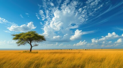 Fototapeta premium Golden savannah under a cloudy sky