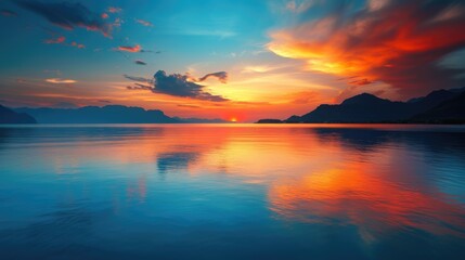 Fototapeta na wymiar Calm ocean sunset with mountain silhouettes