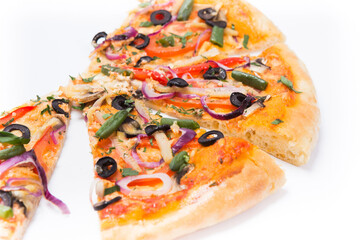 Pizza slice isolated on white background, with onions, bacon and cherry tomatoes, thin pastry...