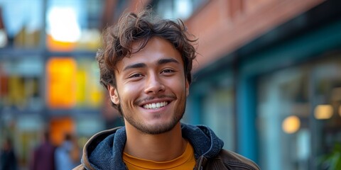 Excited and beaming Asian man with a carefree and cheerful expression, exuding happiness outdoors.