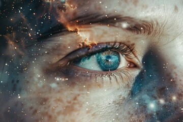 A close-up of a person's eyes merged with the texture of swirling galaxy stars in a double exposure