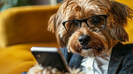 Dog boss in business suit using smartphone concept wallpaper background 