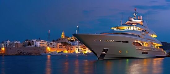 superyacht bow in front at night - obrazy, fototapety, plakaty