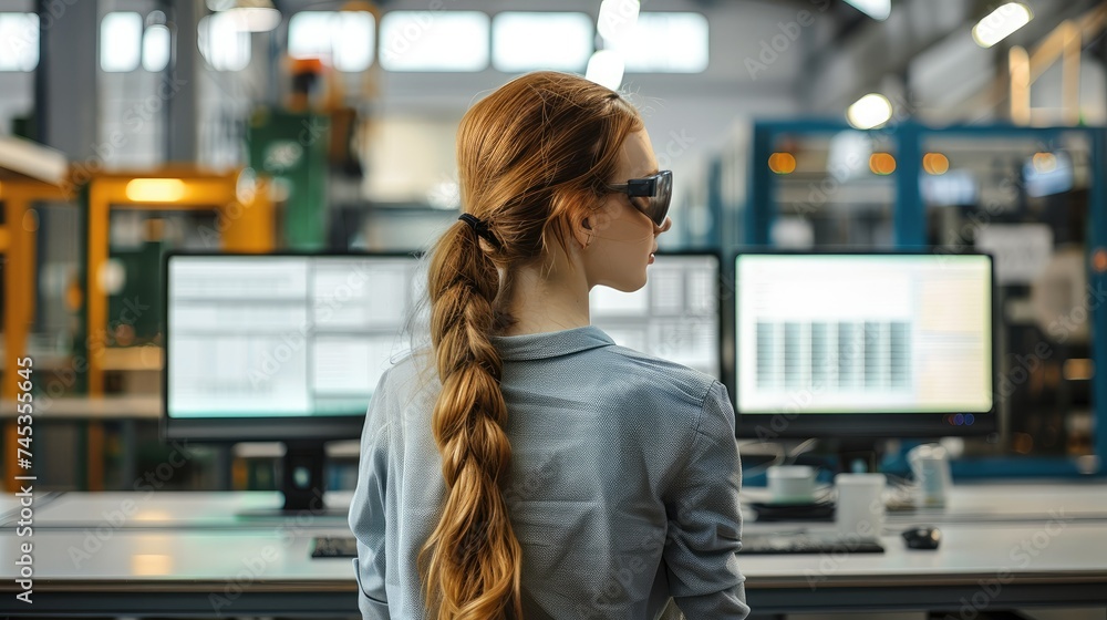 Fototapete woman working in office, user in front of her factory workstation customize a dashboard. generative 