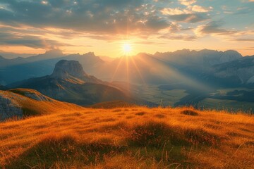 Golden sunset over alpine meadows - obrazy, fototapety, plakaty