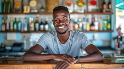 Young Smiling African American Employee Of A Beach Bar. Generative AI