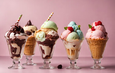 Three ice creams in a glass cups with one that says'ice cream '
