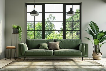 Modern scandinavian interior of living room with couch and green plant near big windows