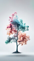 Minimal tree design with colorful pastel smoke against clean white background. Life, transformation and growth concept.