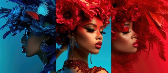 Two fashion model women are showcasing their fierce and confident style, embellishing their heads with vibrant red and blue feathers. They exude empowerment and celebration of exquisite fashion.