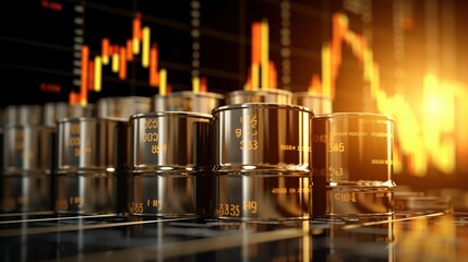 Stainless steel barrels with charts graphs for oil price, financial world crisis and stock market concept. 