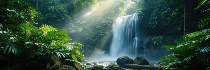 A secluded waterfall in the dense jungle
