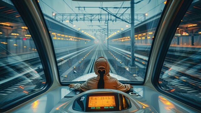 Driver cabin, inside Train driver operator working place, The driver seat of a high-speed train. Generative AI.