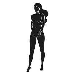 Silhouette of a nice lady, she is standing. The girl has a beautiful naked figure. The woman is a young sexy and slender model. Vector illustration