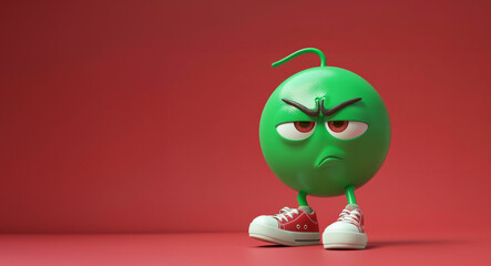 green round mascot sporting white sneakers. With exaggerated proportions and an emotive body, the mascot exudes personality and charm. vibrant green hue pops against any backdrop. banner. copy space
