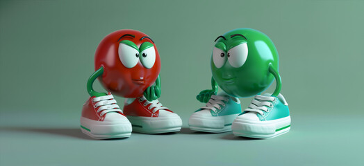green round mascot sporting white sneakers. With exaggerated proportions and an emotive body, the mascot exudes personality and charm. vibrant green hue pops against any backdrop. banner. copy space