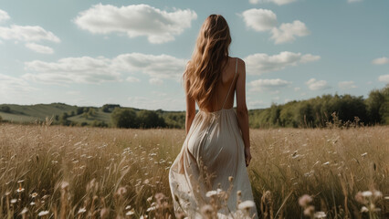 Obraz premium Beautiful woman in a white linen dress standing in a grass field with wild flowers on a bright sunny summer day. Nostalgic and optimistic vibes for a new beginning. Creative nature concept.