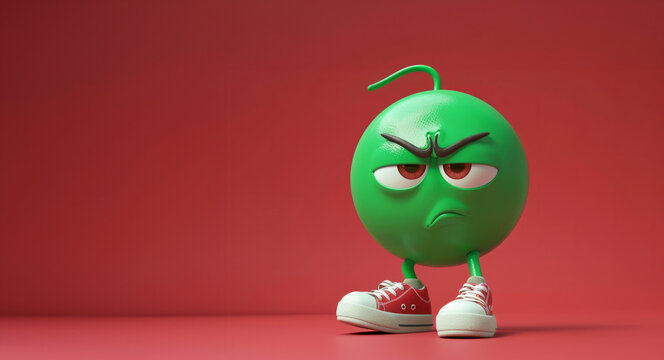 green round mascot sporting white sneakers. With exaggerated proportions and an emotive body, the mascot exudes personality and charm. vibrant green hue pops against any backdrop. banner. copy space
