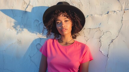 A fashionable evening flash portrait featuring a trendy young woman in a pink neon t-shirt