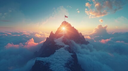 Concept of a Radiant Path to Success with a Flag on the Peak of a Mountain