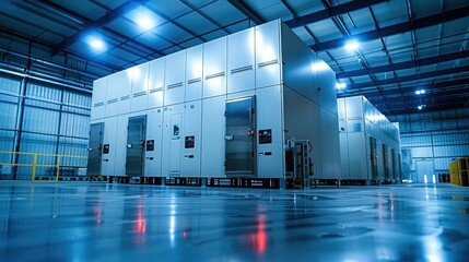 Industrial freezer in large warehouse. Generative AI. - obrazy, fototapety, plakaty